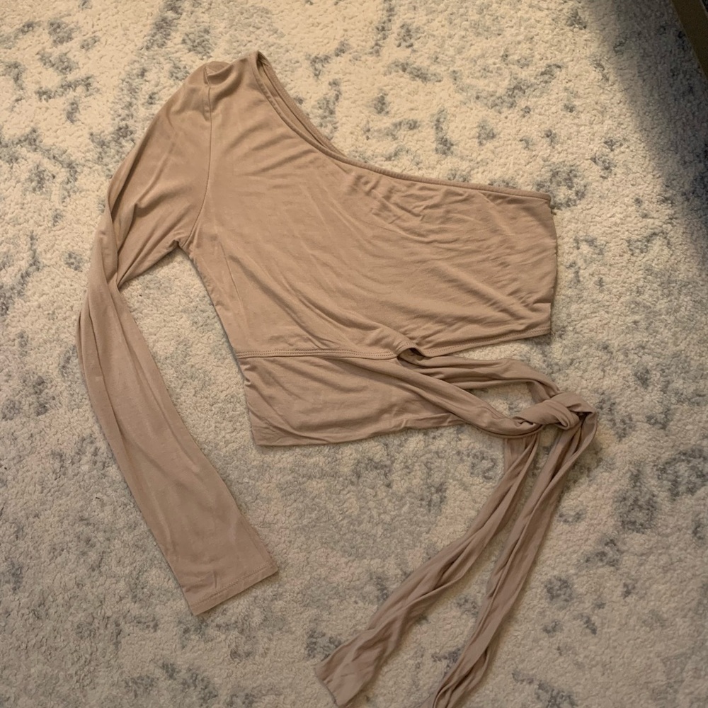 Fashion Nova Tan Asymmetrical Tie Front Blouse